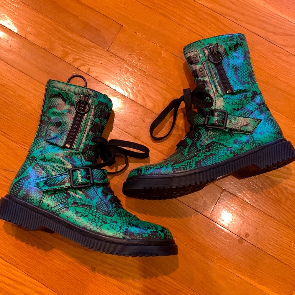 Current Mood Clothing Green Combat Boots Snakeskin Biker Moto Shoes Dolls Kill - Picture 2 of 13